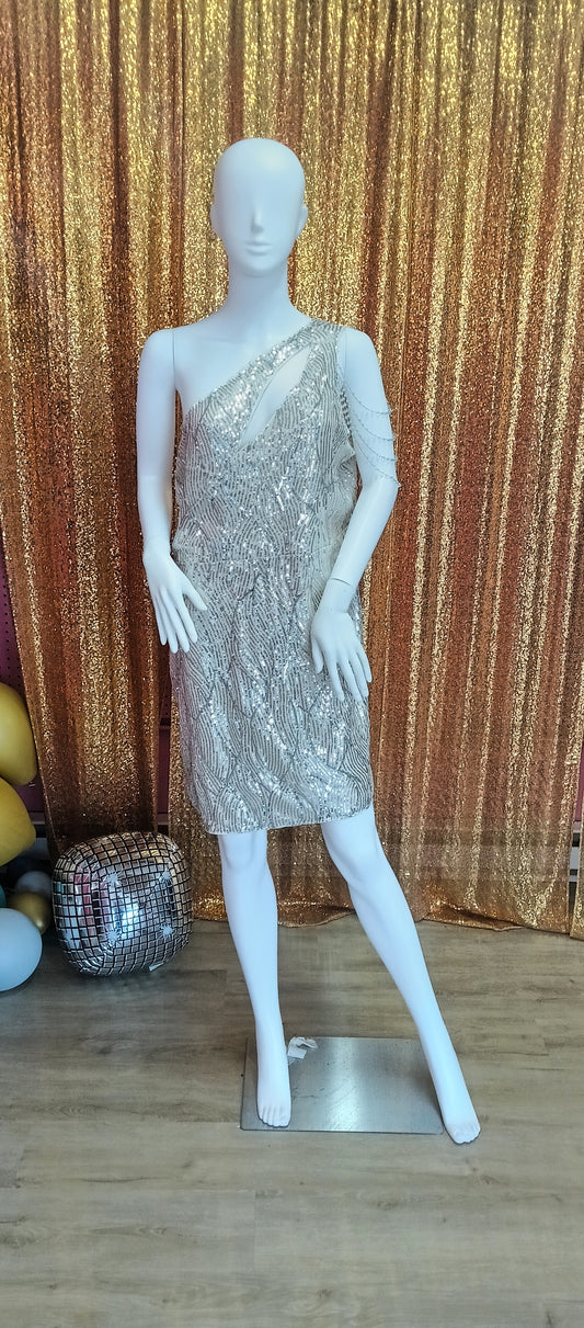 Plus Size One Shoulder Champagne Sequin Hoco