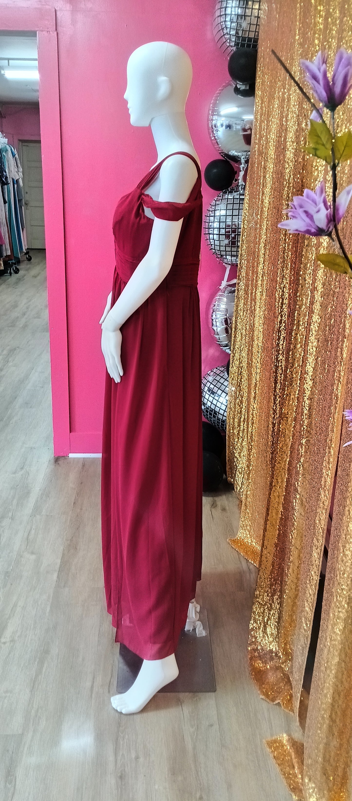 Off shoulder burgundy chiffon bridesmaids dress