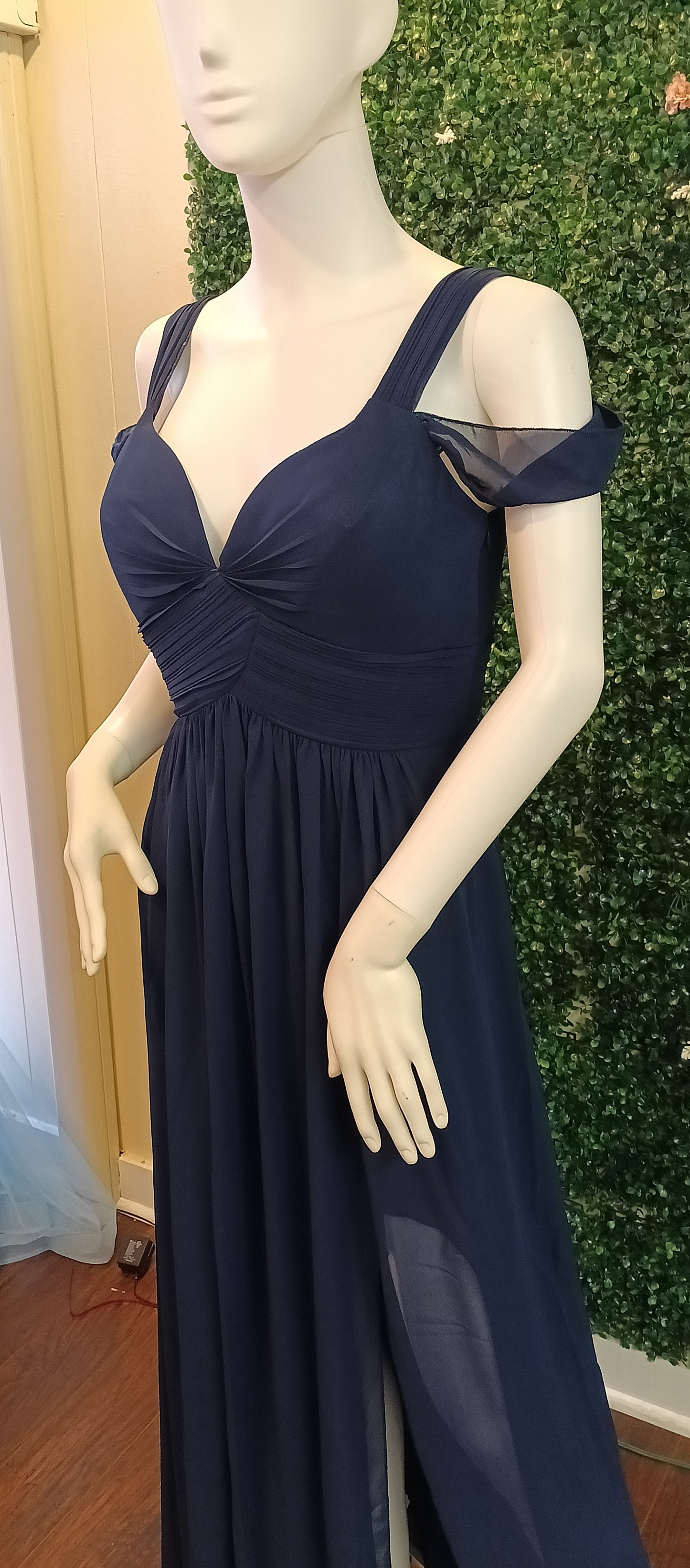 Off shoulder navy blue chiffon bridesmaids dress