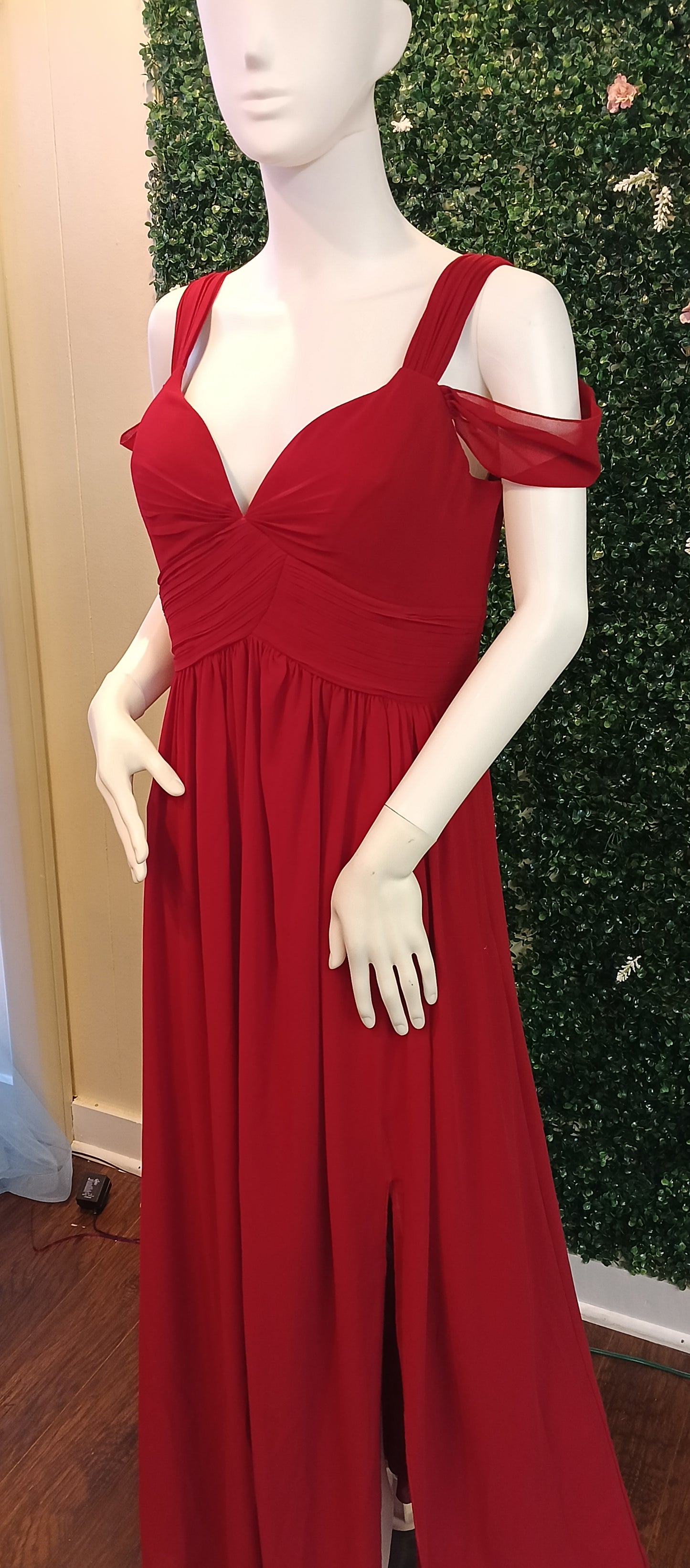 Off shoulder burgundy chiffon bridesmaids dress