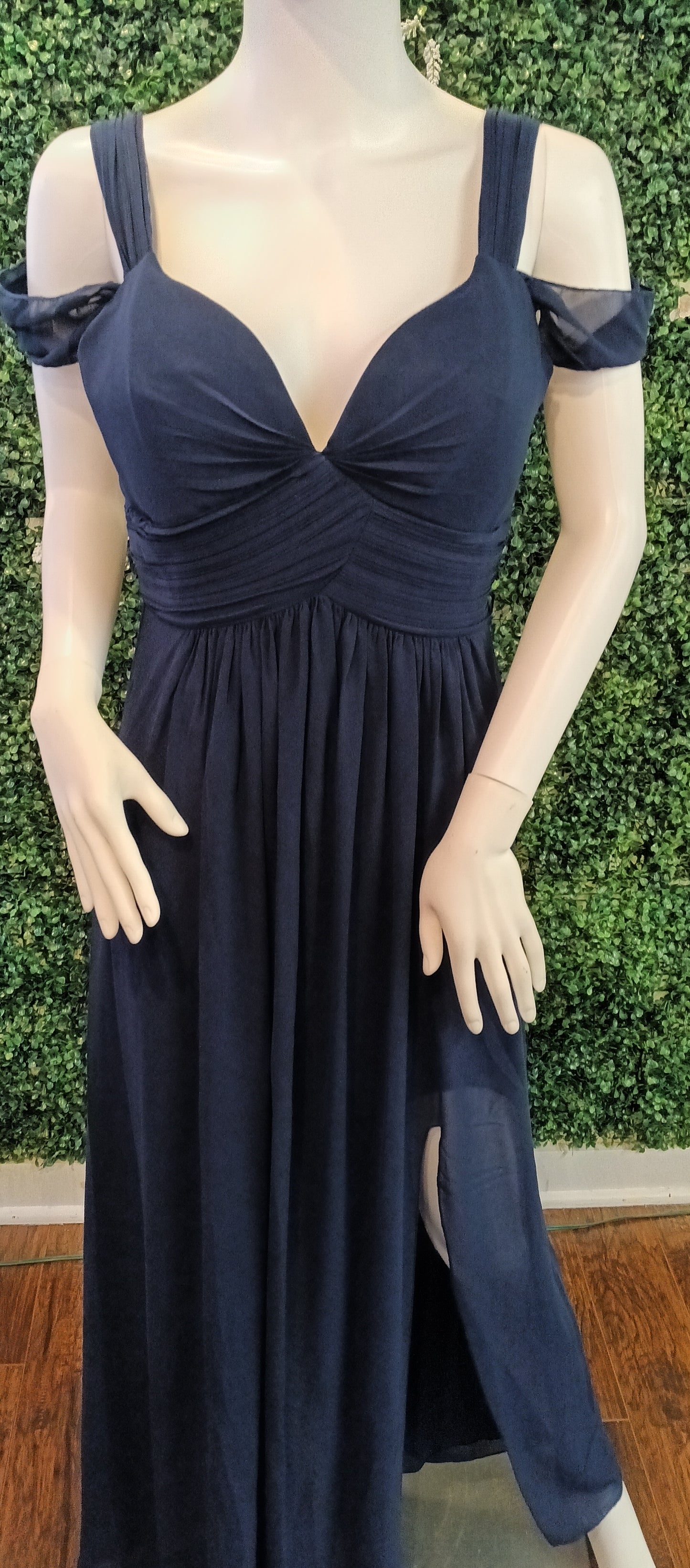 Off shoulder navy blue chiffon bridesmaids dress