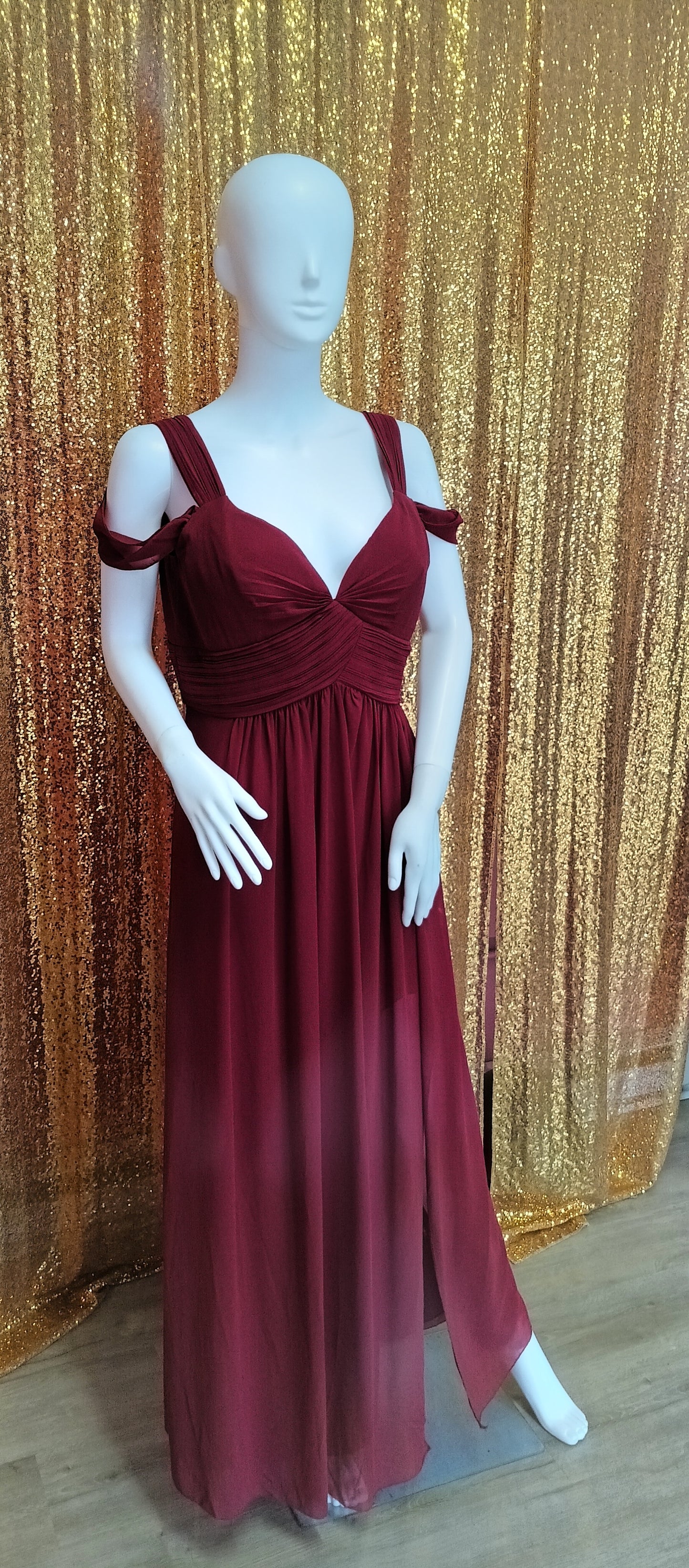 Off shoulder burgundy chiffon bridesmaids dress