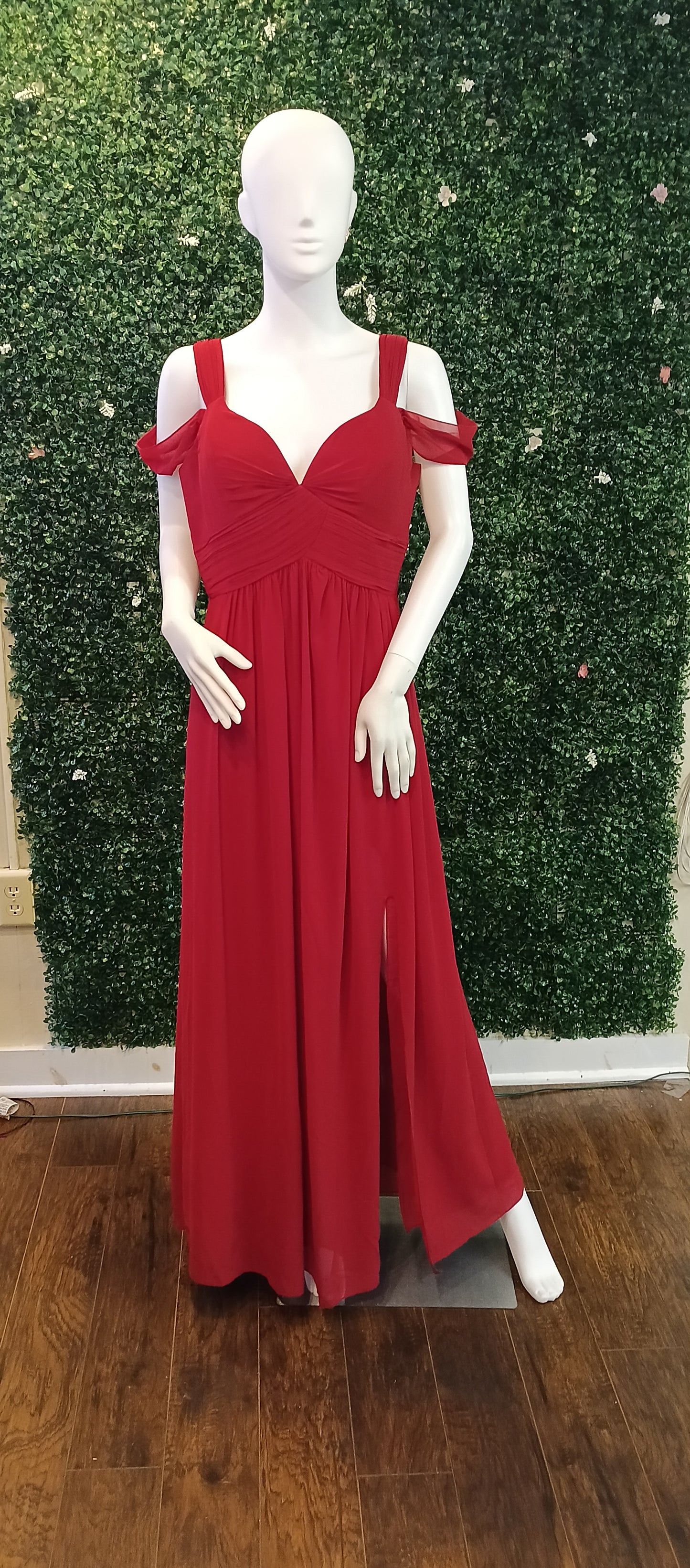 Off shoulder burgundy chiffon bridesmaids dress