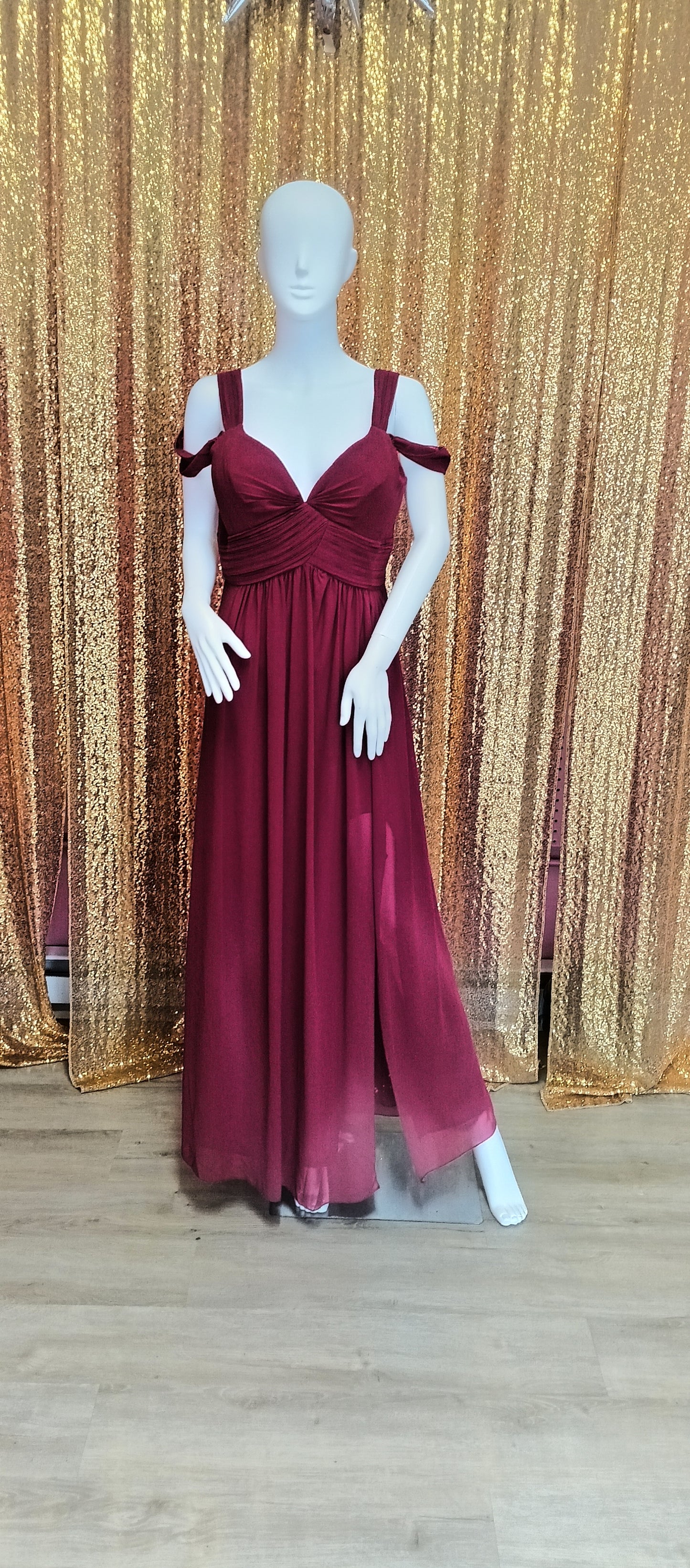 Off shoulder burgundy chiffon bridesmaids dress