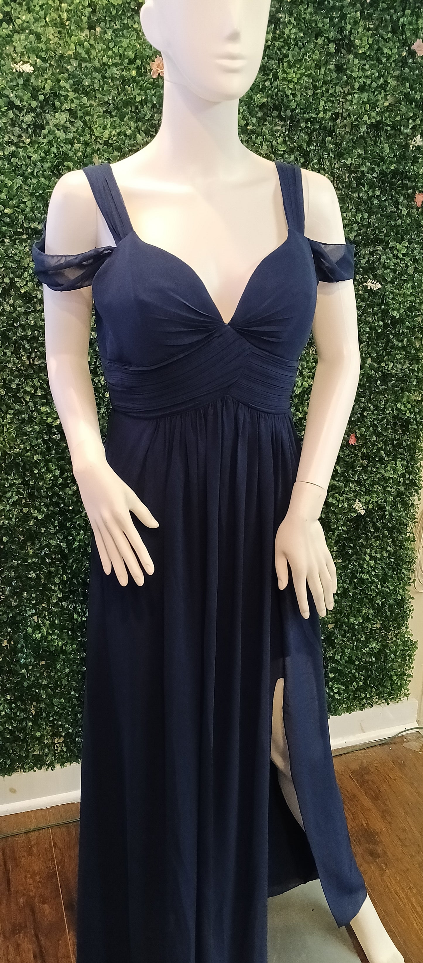 Off shoulder navy blue chiffon bridesmaids dress