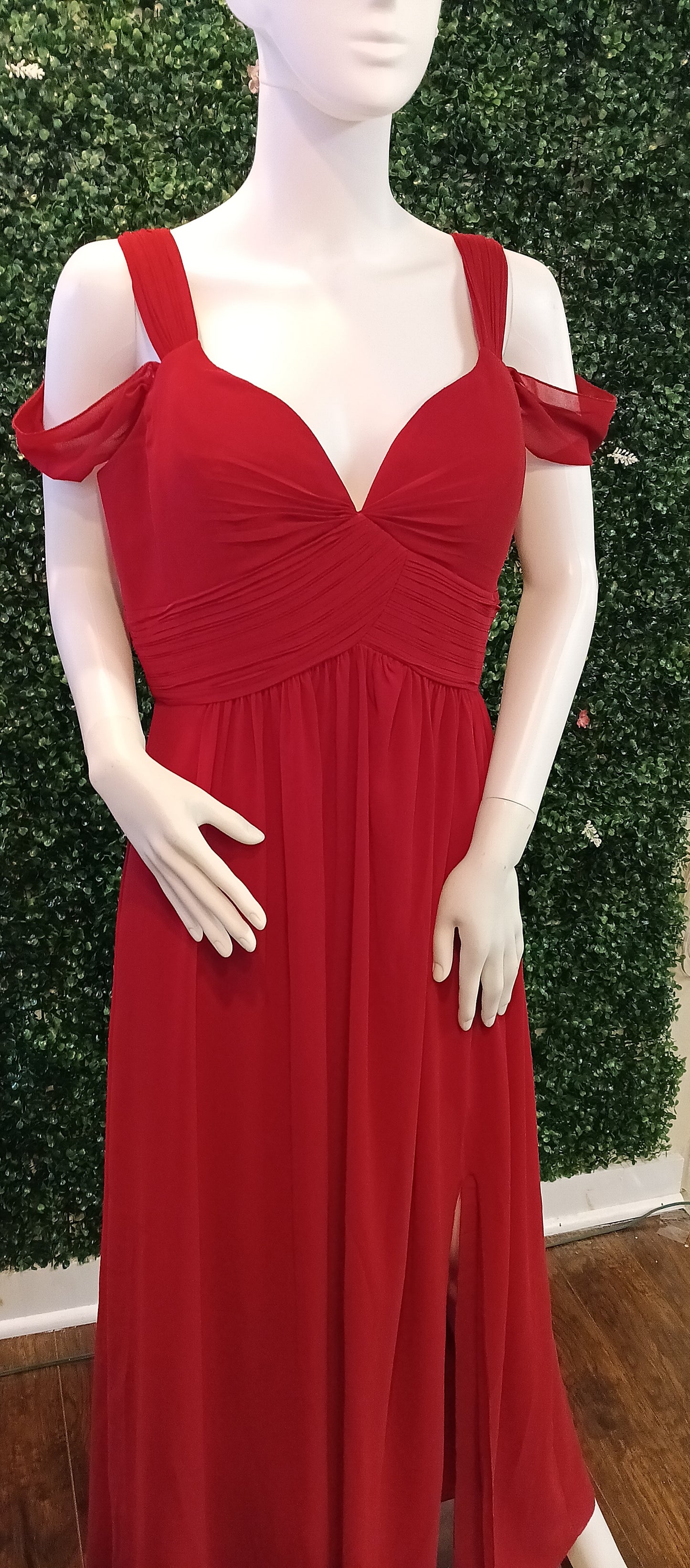 Off shoulder burgundy chiffon bridesmaids dress