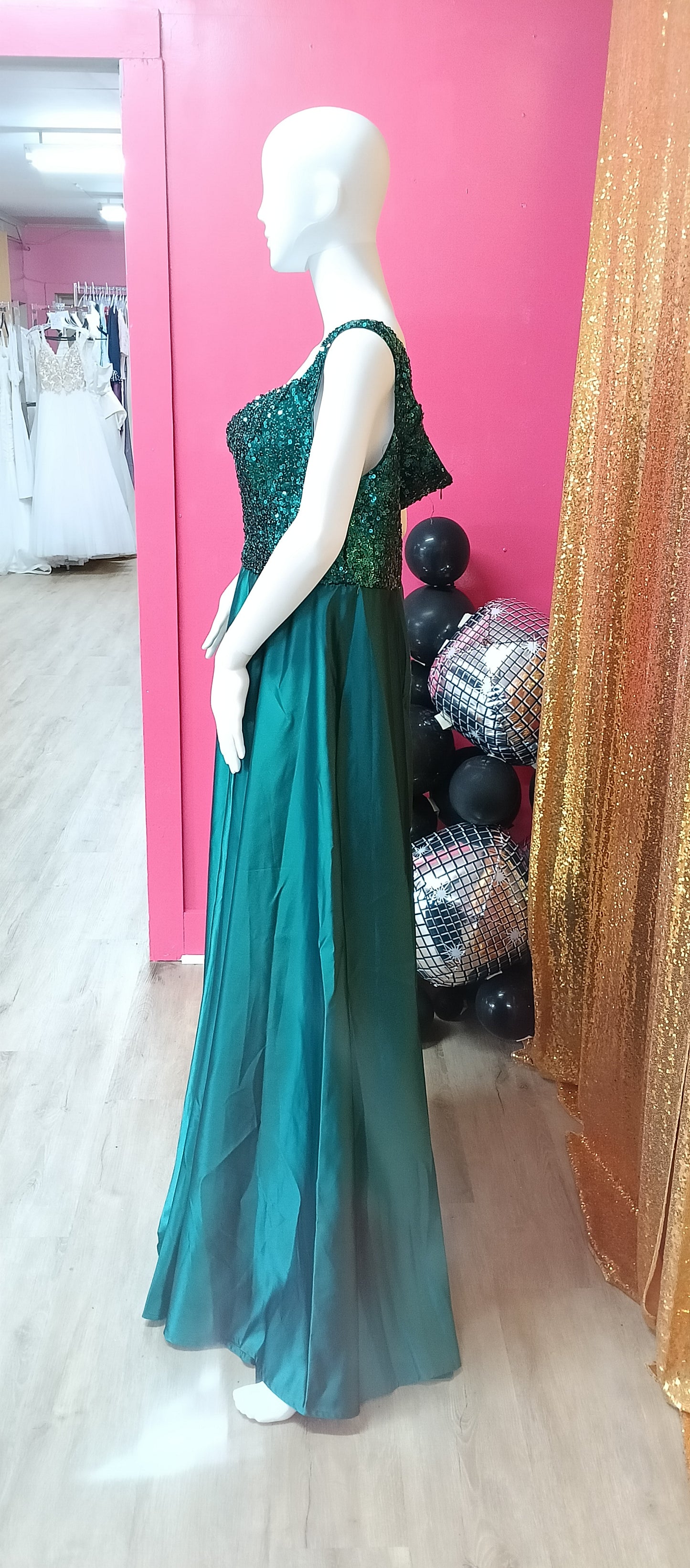 Plus size emerald green off shoulder satin ball gown