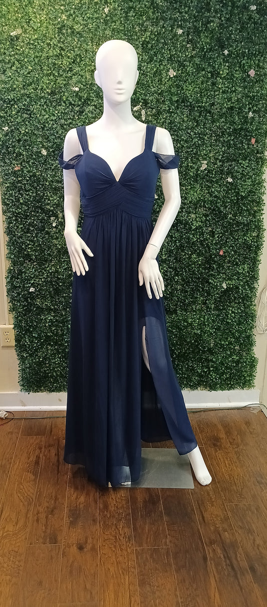 Off shoulder navy blue chiffon bridesmaids dress