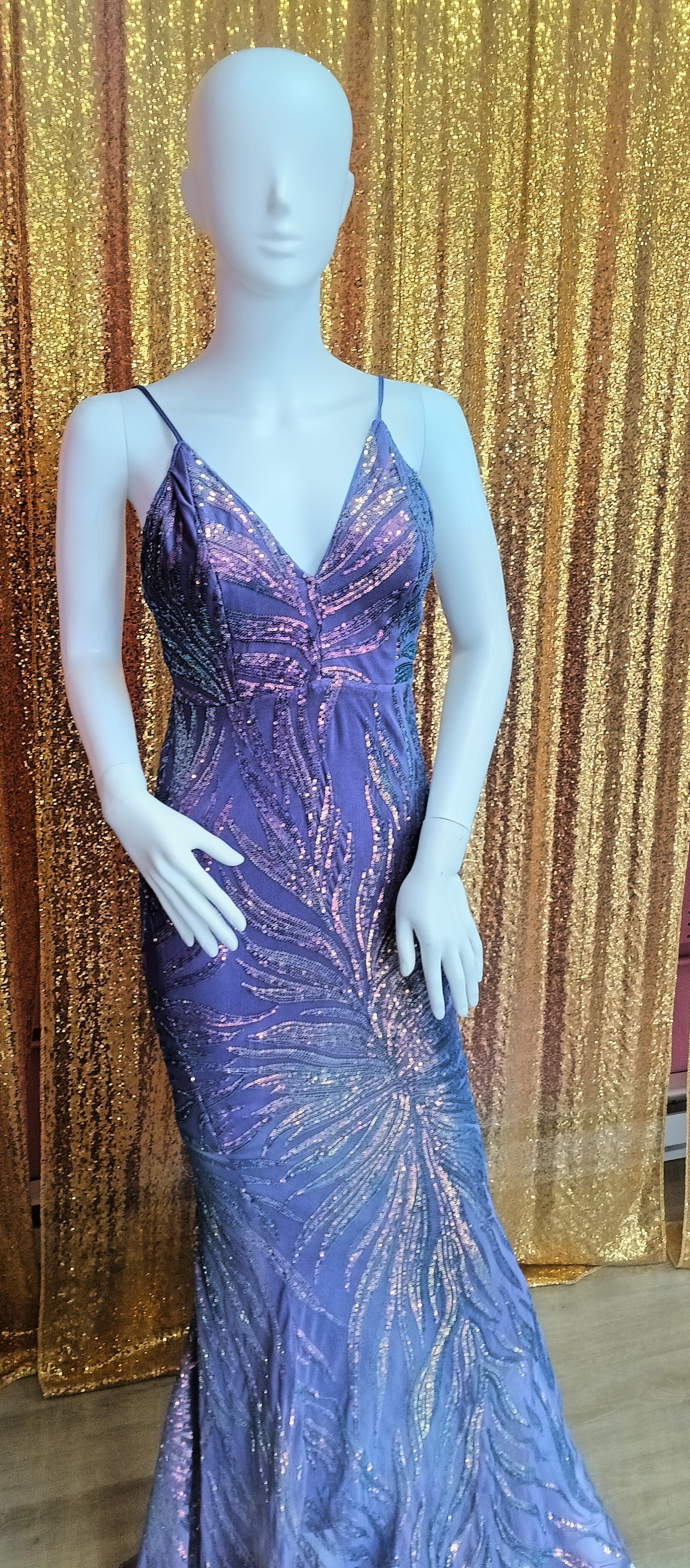 Purple sequin couture prom dress