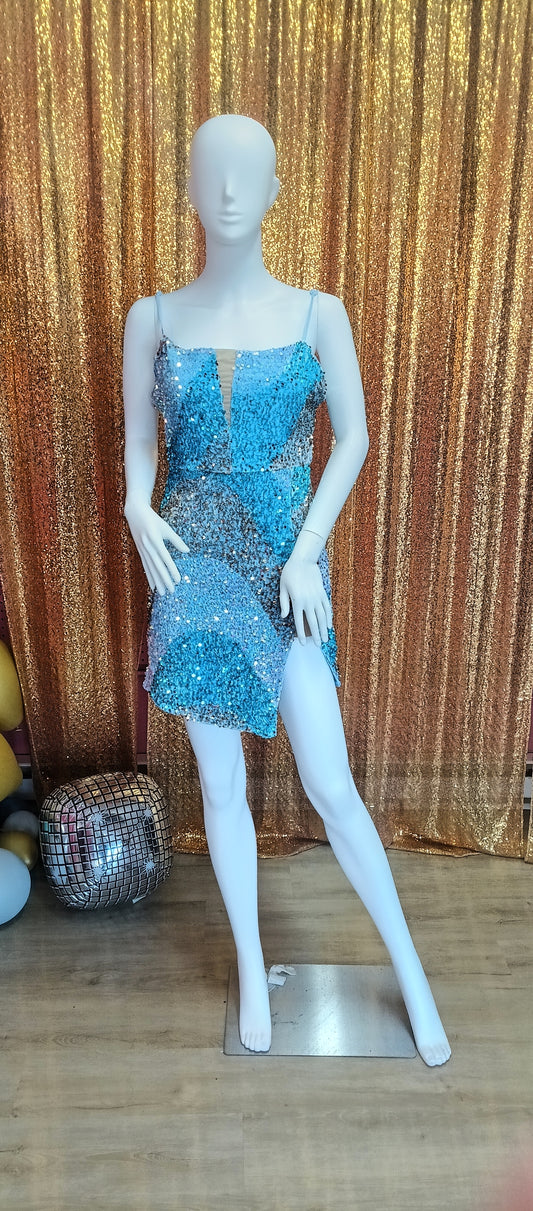 Multi Blue sequin spaghetti strap hoco